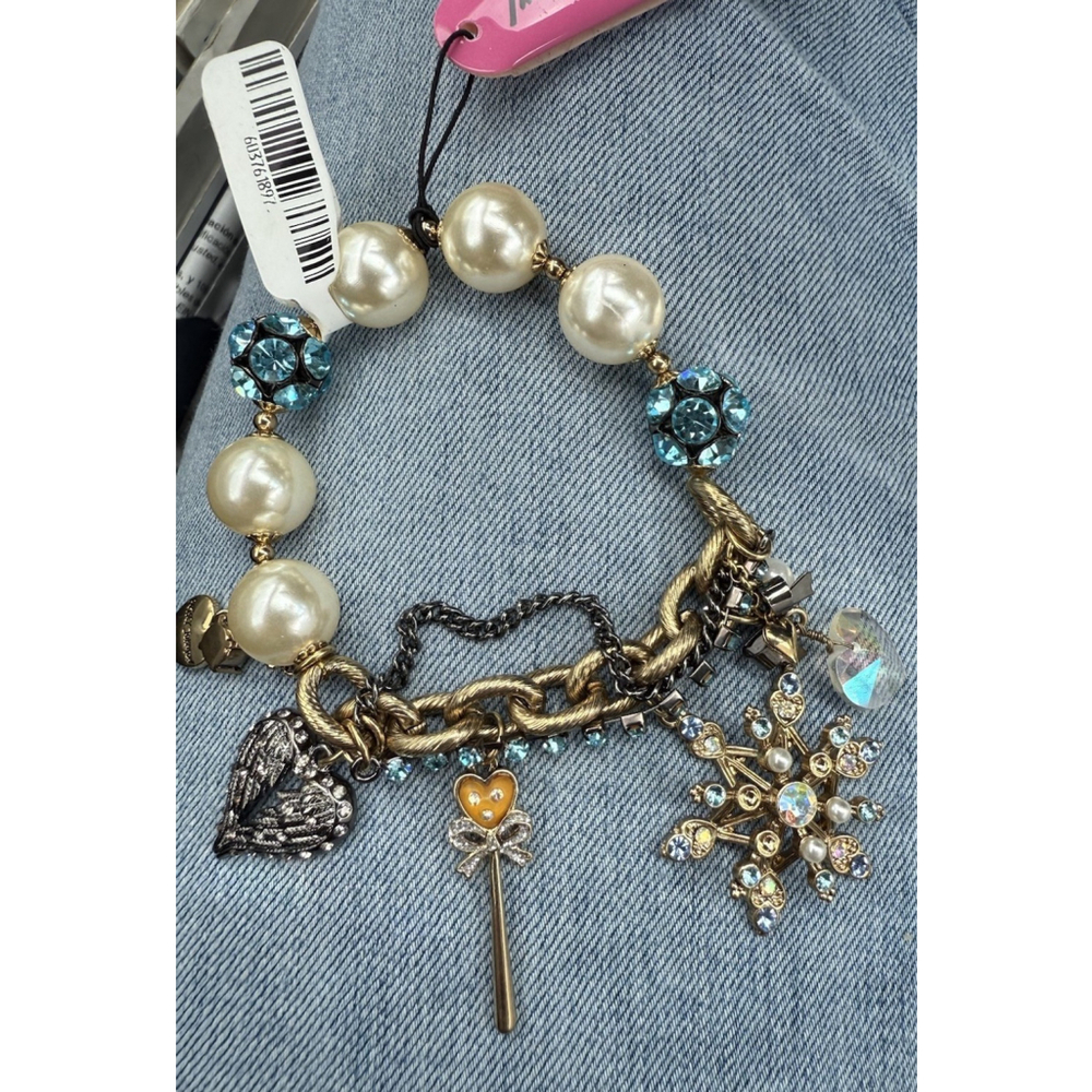 Betsey Johnson Snow Angel Winter Snowflake Wing Heart Fairy Wand Pearl Bracelet